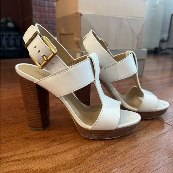 Michael Kors Cream and Tan Block Heel Sandals - Picture 1 of 5